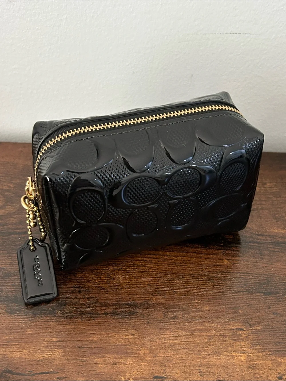 Coach Black Patent Leather Signature Cosmetic Bag